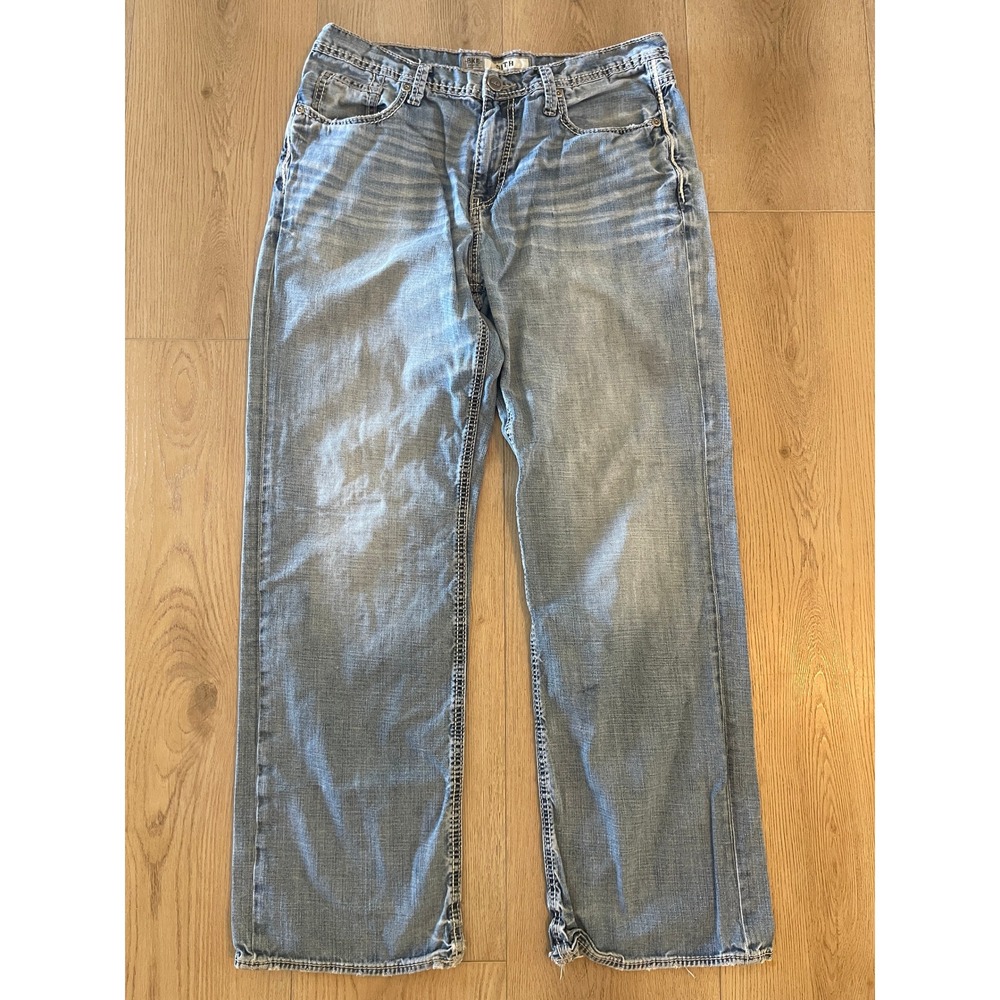 BKE Seth Straight Leg Jeans Mens 34R Light Wash Denim Distressed Hems Relaxed